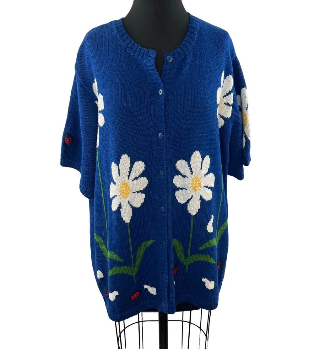 Vintage QUACKER FACTORY Blue Daisy Floral Embroidered Button-Down Cardigan Sz 2X